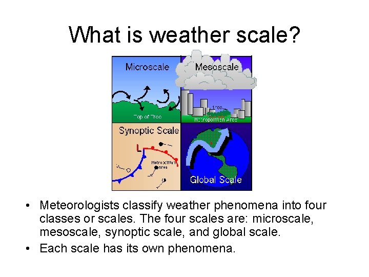 What is weather scale? • Meteorologists classify weather phenomena into four classes or scales.