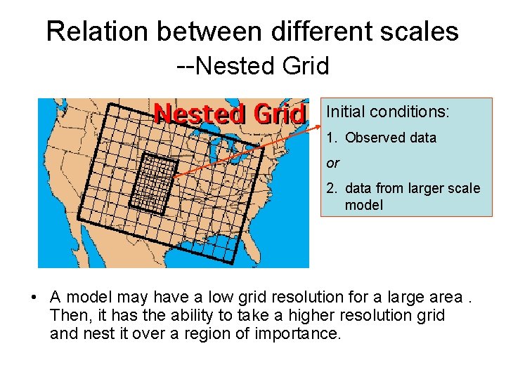 Relation between different scales --Nested Grid Initial conditions: 1. Observed data or 2. data