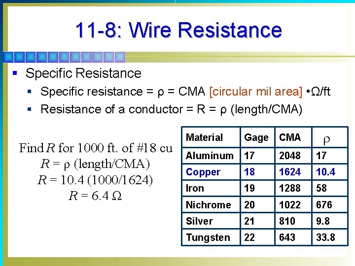 11 -8: Wire Resistance § Specific resistance = ρ = CMA [circular mil area]