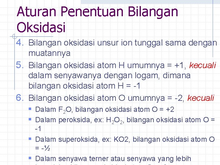 Aturan Penentuan Bilangan Oksidasi 4. Bilangan oksidasi unsur ion tunggal sama dengan muatannya 5.