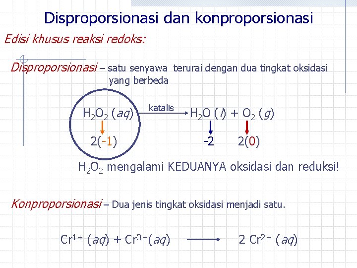 Disproporsionasi dan konproporsionasi Edisi khusus reaksi redoks: Disproporsionasi – satu senyawa terurai dengan dua