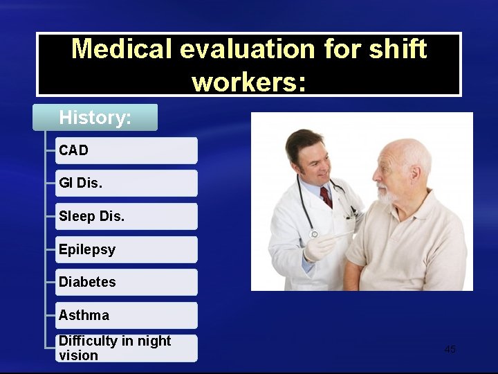 Medical evaluation for shift workers: History: CAD GI Dis. Sleep Dis. Epilepsy Diabetes Asthma