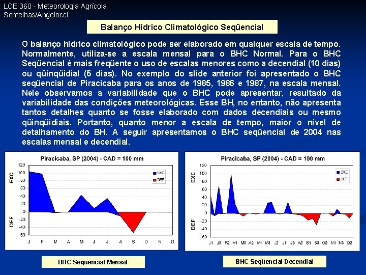 LCE 360 - Meteorologia Agrícola Sentelhas/Angelocci Balanço Hídrico Climatológico Seqüencial O balanço hídrico climatológico