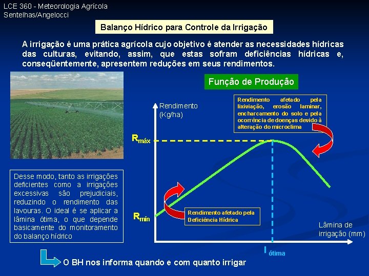 LCE 360 - Meteorologia Agrícola Sentelhas/Angelocci Balanço Hídrico para Controle da Irrigação A irrigação