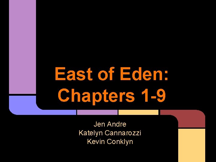 East of Eden: Chapters 1 -9 Jen Andre Katelyn Cannarozzi Kevin Conklyn 