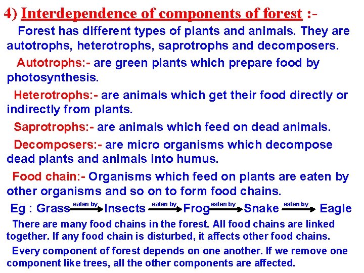 4) Interdependence of components of forest : Forest has different types of plants and