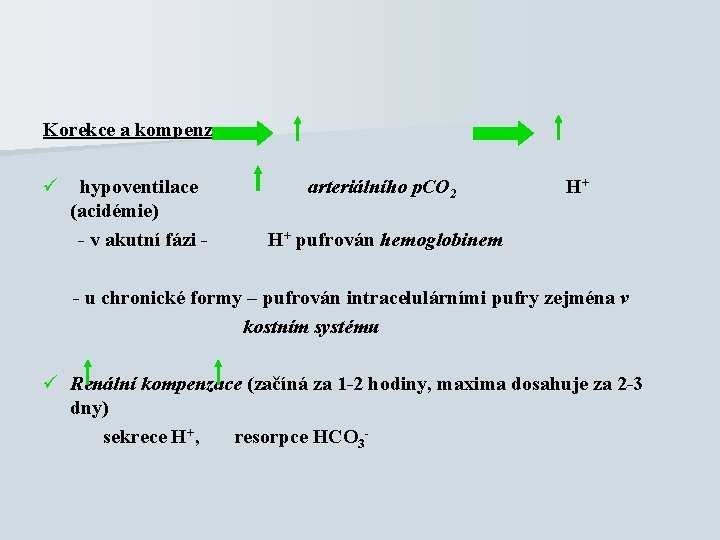 Korekce a kompenzace ü hypoventilace (acidémie) - v akutní fázi - arteriálního p. CO