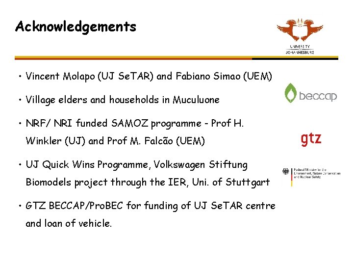Acknowledgements • Vincent Molapo (UJ Se. TAR) and Fabiano Simao (UEM) • Village elders