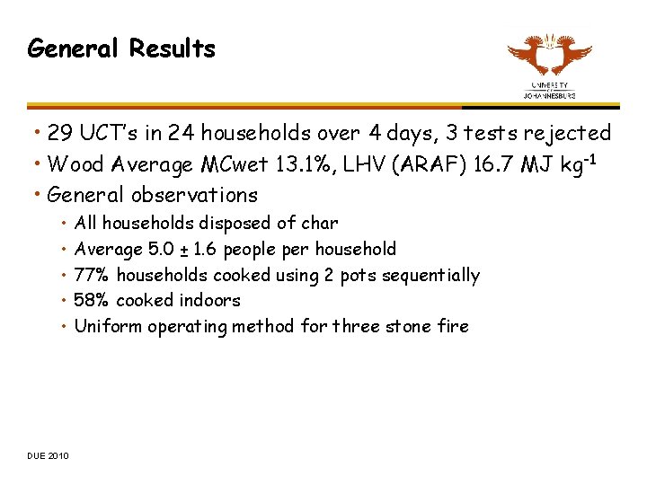 General Results • 29 UCT’s in 24 households over 4 days, 3 tests rejected