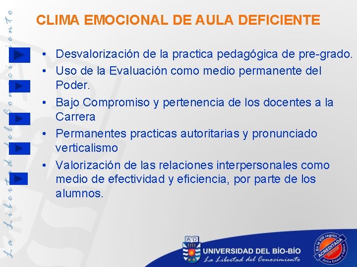 CLIMA EMOCIONAL DE AULA DEFICIENTE • Desvalorización de la practica pedagógica de pre-grado. •