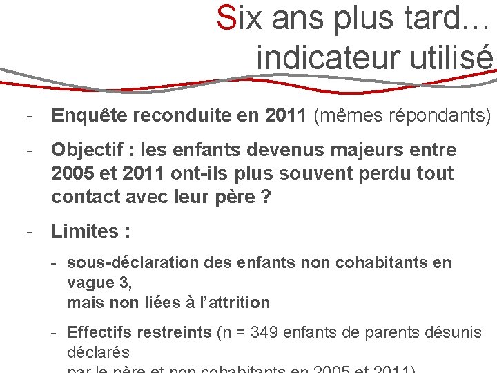 Six ans plus tard… indicateur utilisé - Enquête reconduite en 2011 (mêmes répondants) -