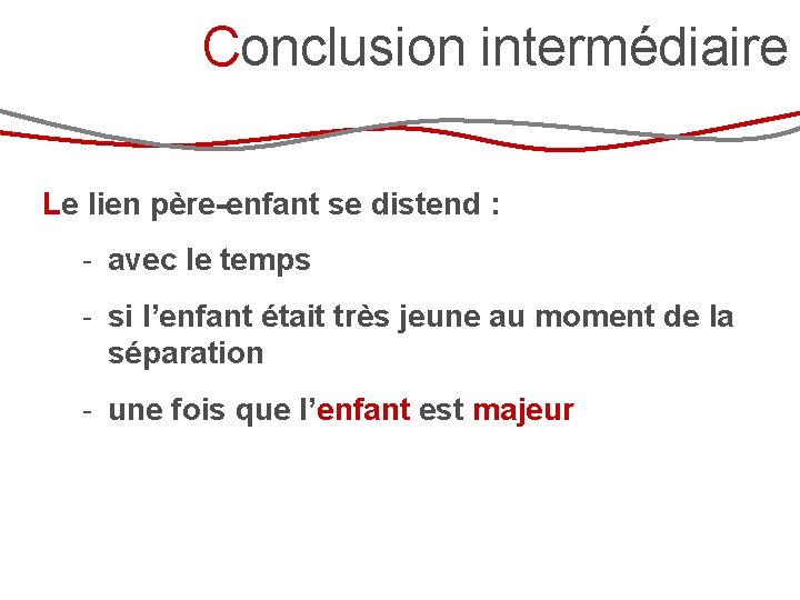 Conclusion intermédiaire Le lien père-enfant se distend : - avec le temps - si