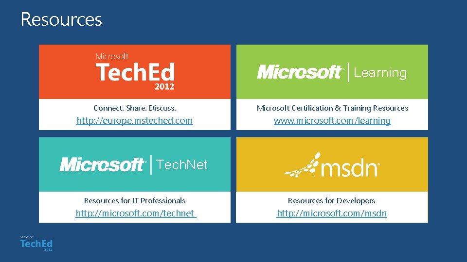 Resources Learning Connect. Share. Discuss. Microsoft Certification & Training Resources http: //europe. msteched. com Resources Learning Connect. Share. Discuss. Microsoft Certification & Training Resources http: //europe. msteched. com