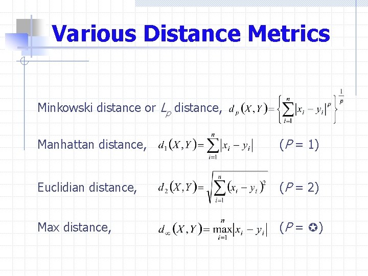 Various Distance Metrics Minkowski distance or Lp distance, Manhattan distance, (P = 1) Euclidian