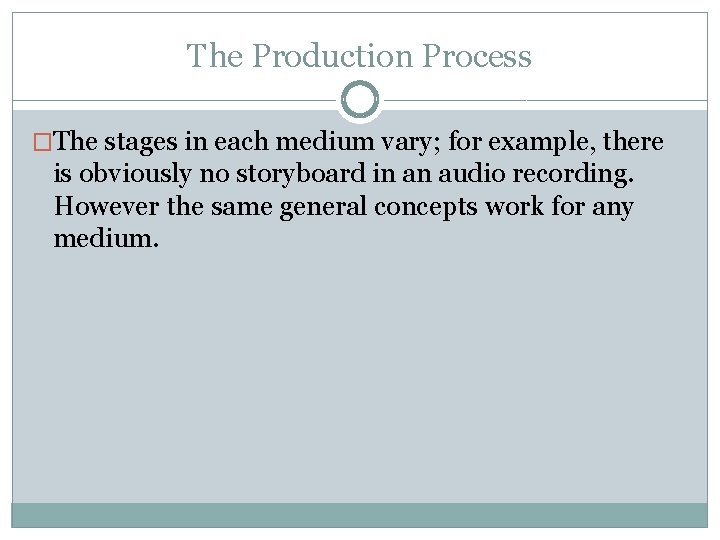 The Production Process �The stages in each medium vary; for example, there is obviously