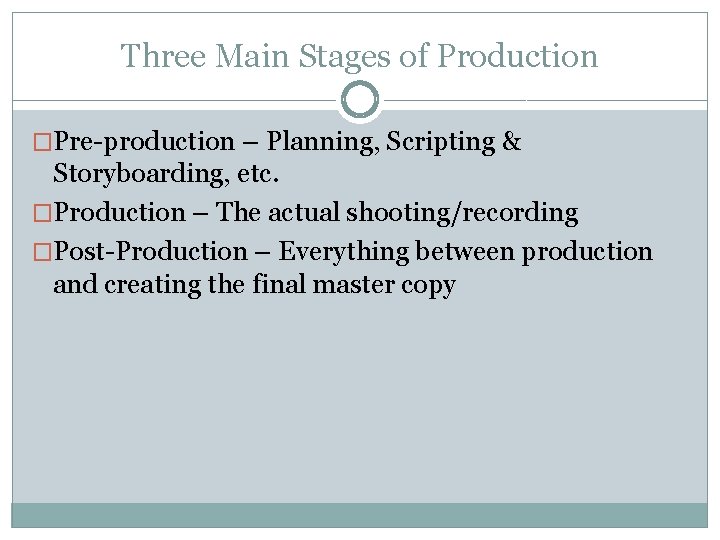 Three Main Stages of Production �Pre-production – Planning, Scripting & Storyboarding, etc. �Production –