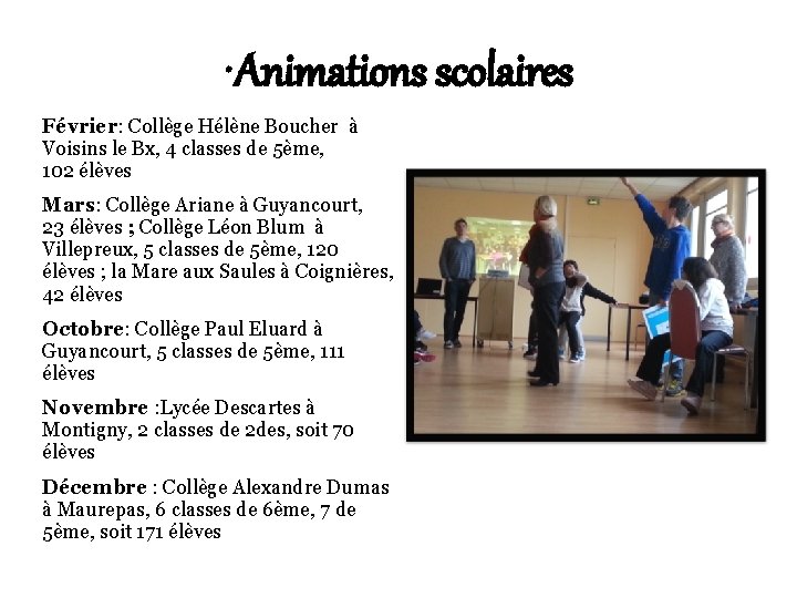  • Animations scolaires Février: Collège Hélène Boucher à Voisins le Bx, 4 classes