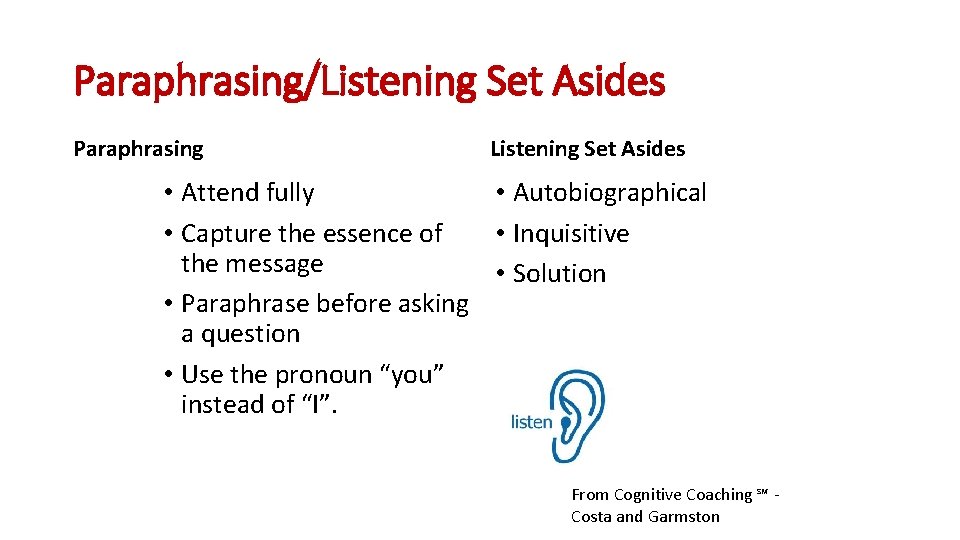 Paraphrasing/Listening Set Asides Paraphrasing Listening Set Asides • Attend fully • Autobiographical • Capture