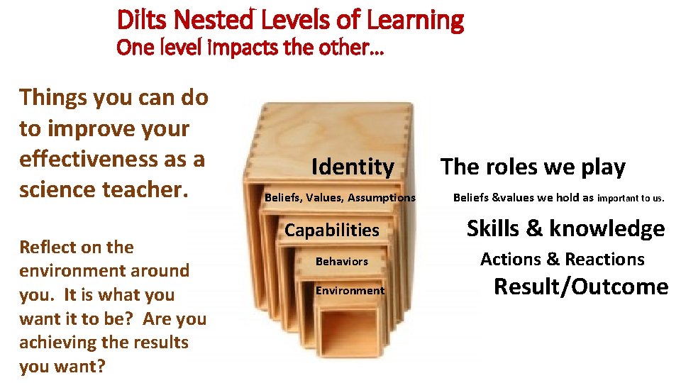 Dilts Nested Levels of Learning One level impacts the other… Things you can do