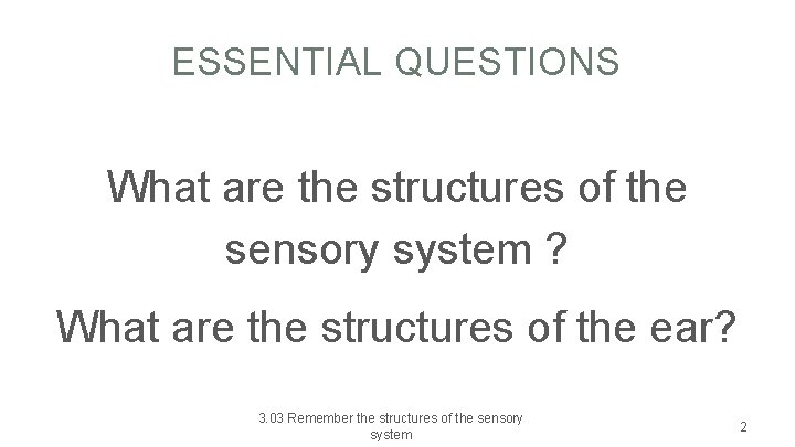 ESSENTIAL QUESTIONS What are the structures of the sensory system ? What are the