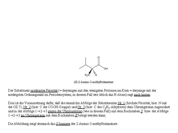 (S)-2 -Amino-3 -methylbutansäure Der Substituent niedrigster Priorität (= derjenigen mit den wenigsten Protonen im