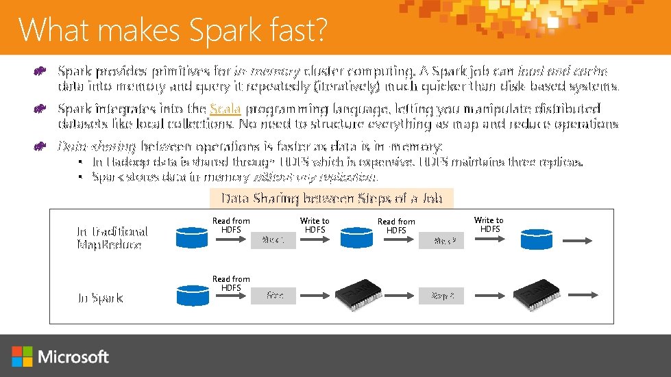 What makes Spark fast? Spark provides primitives for in-memory cluster computing. A Spark job