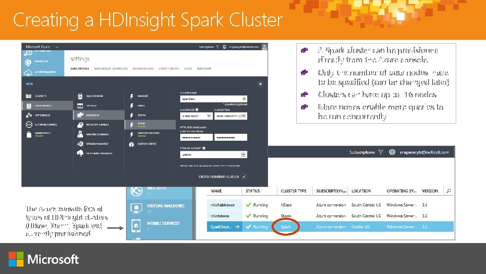 Creating a HDInsight Spark Cluster A Spark cluster can be provisioned directly from the