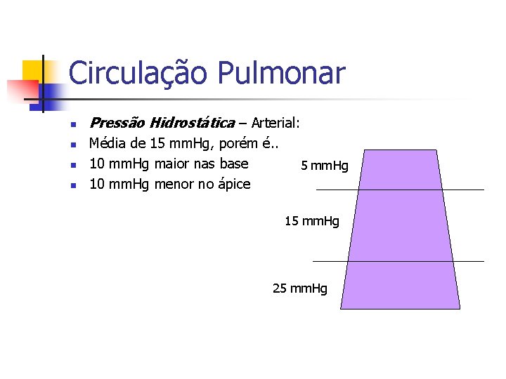 Circulação Pulmonar n n Pressão Hidrostática – Arterial: Média de 15 mm. Hg, porém