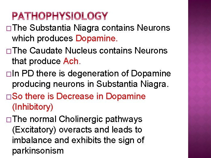 �The Substantia Niagra contains Neurons which produces Dopamine. �The Caudate Nucleus contains Neurons that