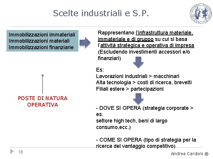 Scelte industriali e S. P. Immobilizzazioni immateriali Immobilizzazioni finanziarie Rappresentano l’infrastruttura materiale, immateriale e