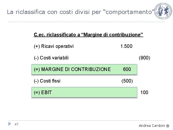 La riclassifica con costi divisi per “comportamento” C. ec. riclassificato a “Margine di contribuzione”