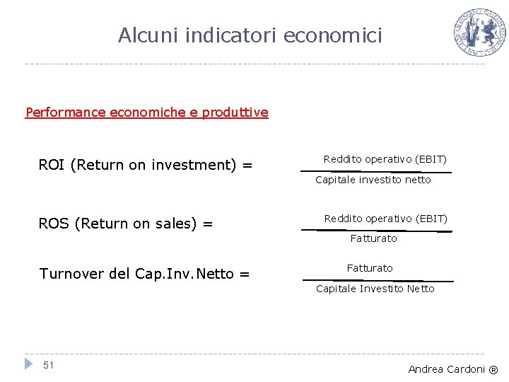 Alcuni indicatori economici Performance economiche e produttive ROI (Return on investment) = Reddito operativo