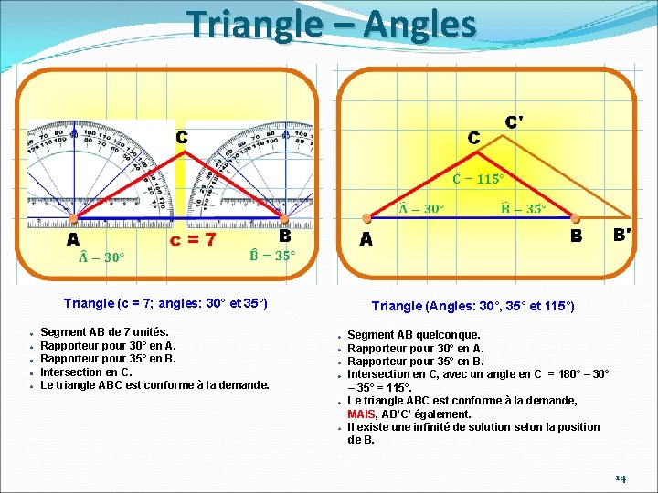 Triangle – Angles Triangle (c = 7; angles: 30° et 35°) Segment AB de