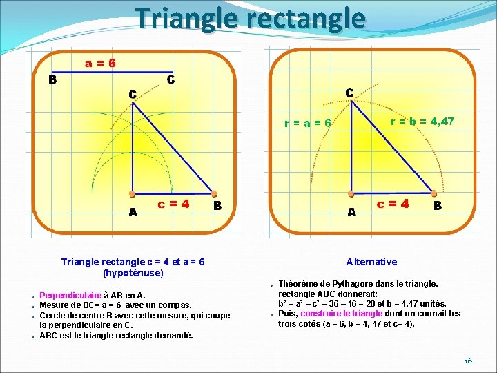Triangle rectangle c = 4 et a = 6 (hypoténuse) Perpendiculaire à AB en