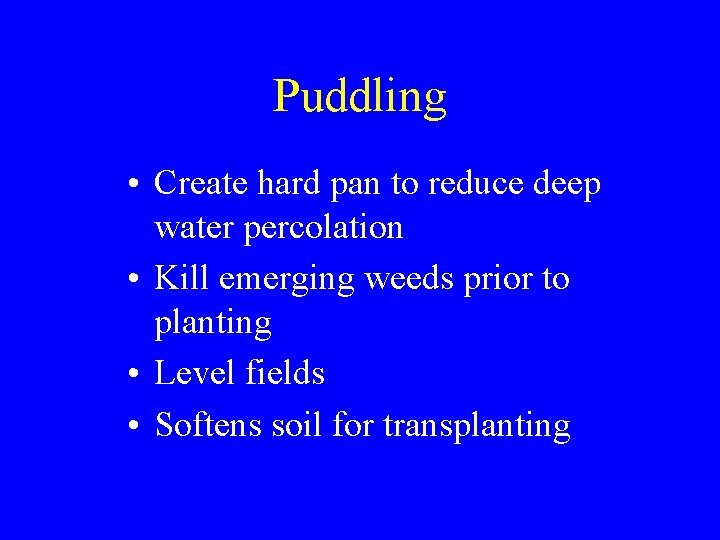 Puddling • Create hard pan to reduce deep water percolation • Kill emerging weeds Puddling • Create hard pan to reduce deep water percolation • Kill emerging weeds
