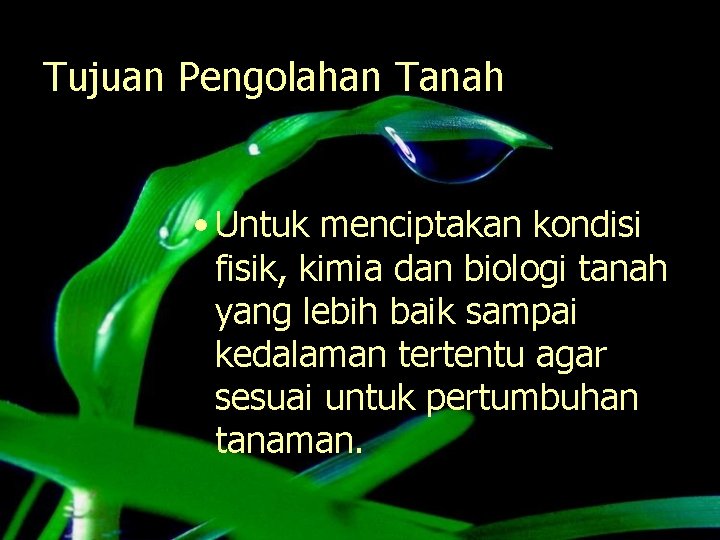 Tujuan Pengolahan Tanah • Untuk menciptakan kondisi fisik, kimia dan biologi tanah yang lebih Tujuan Pengolahan Tanah • Untuk menciptakan kondisi fisik, kimia dan biologi tanah yang lebih