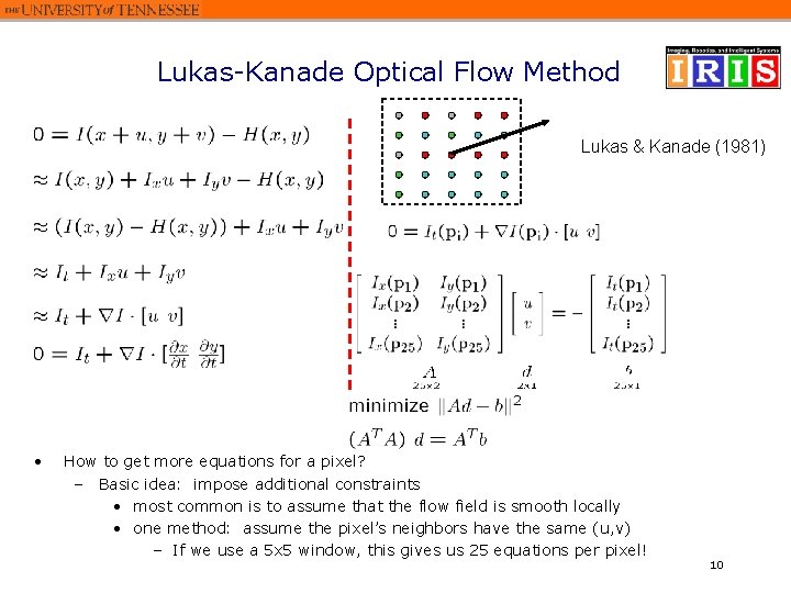 Lukas-Kanade Optical Flow Method Lukas & Kanade (1981) • How to get more equations