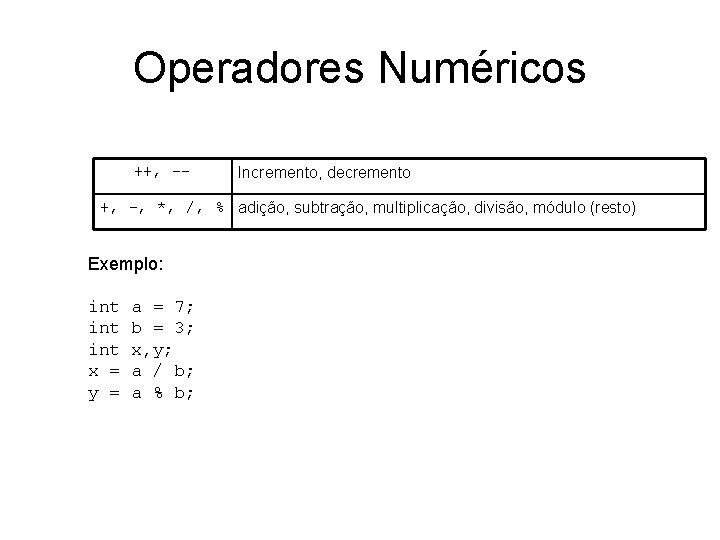 Operadores Numéricos ++, -- Incremento, decremento +, -, *, /, % adição, subtração, multiplicação,