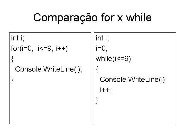 Comparação for x while int i; for(i=0; i<=9; i++) { Console. Write. Line(i); }
