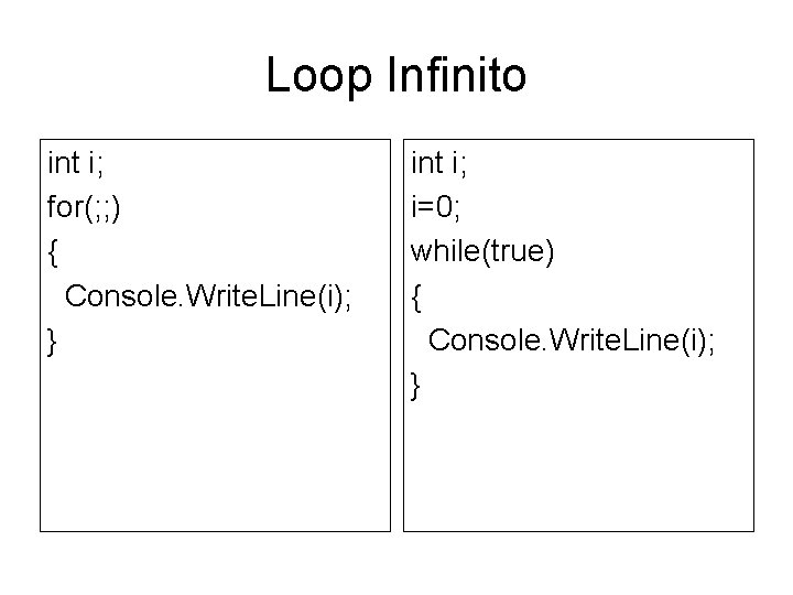 Loop Infinito int i; for(; ; ) { Console. Write. Line(i); } int i;