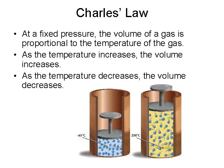 Charles’ Law • At a fixed pressure, the volume of a gas is proportional