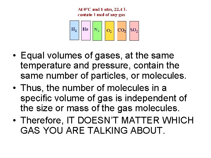  • Equal volumes of gases, at the same temperature and pressure, contain the