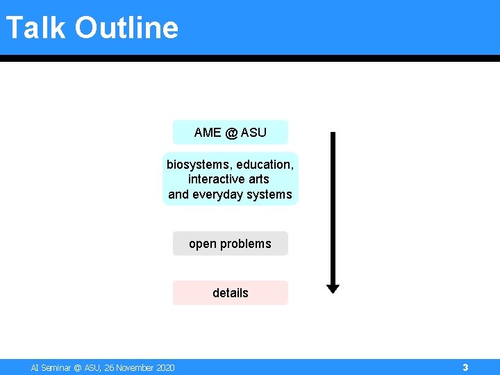 Talk Outline AME @ ASU biosystems, education, interactive arts and everyday systems open problems Talk Outline AME @ ASU biosystems, education, interactive arts and everyday systems open problems