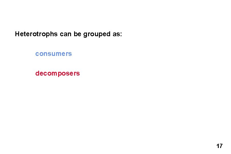 Heterotrophs can be grouped as: consumers decomposers 17 