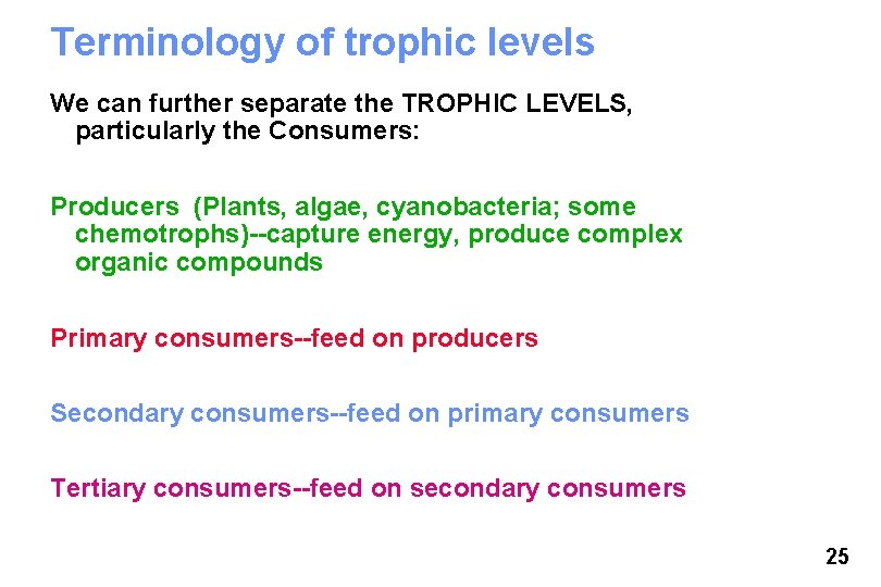 Terminology of trophic levels We can further separate the TROPHIC LEVELS, particularly the Consumers: