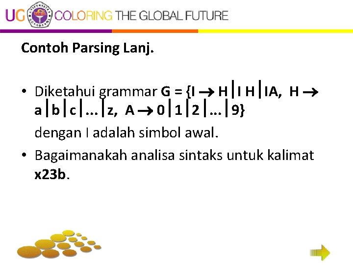 Contoh Parsing Lanj. • Diketahui grammar G = {I H IA, H a b