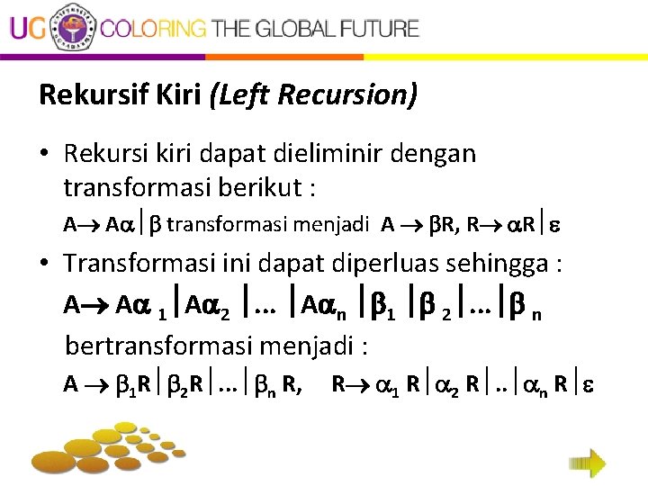 Rekursif Kiri (Left Recursion) • Rekursi kiri dapat dieliminir dengan transformasi berikut : A