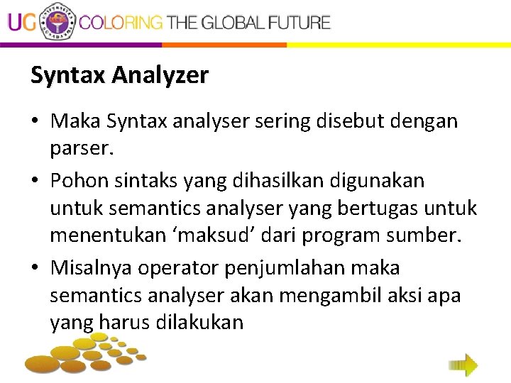 Syntax Analyzer • Maka Syntax analyser sering disebut dengan parser. • Pohon sintaks yang