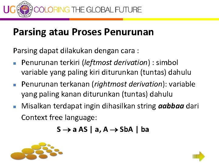 Parsing atau Proses Penurunan Parsing dapat dilakukan dengan cara : n Penurunan terkiri (leftmost