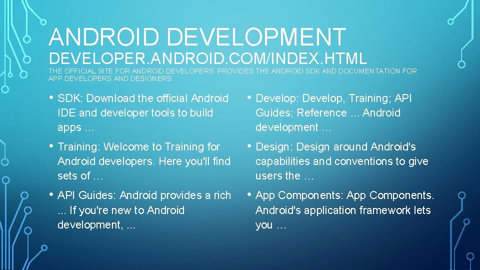ANDROID DEVELOPMENT DEVELOPER. ANDROID. COM/INDEX. HTML THE OFFICIAL SITE FOR ANDROID DEVELOPERS. PROVIDES THE